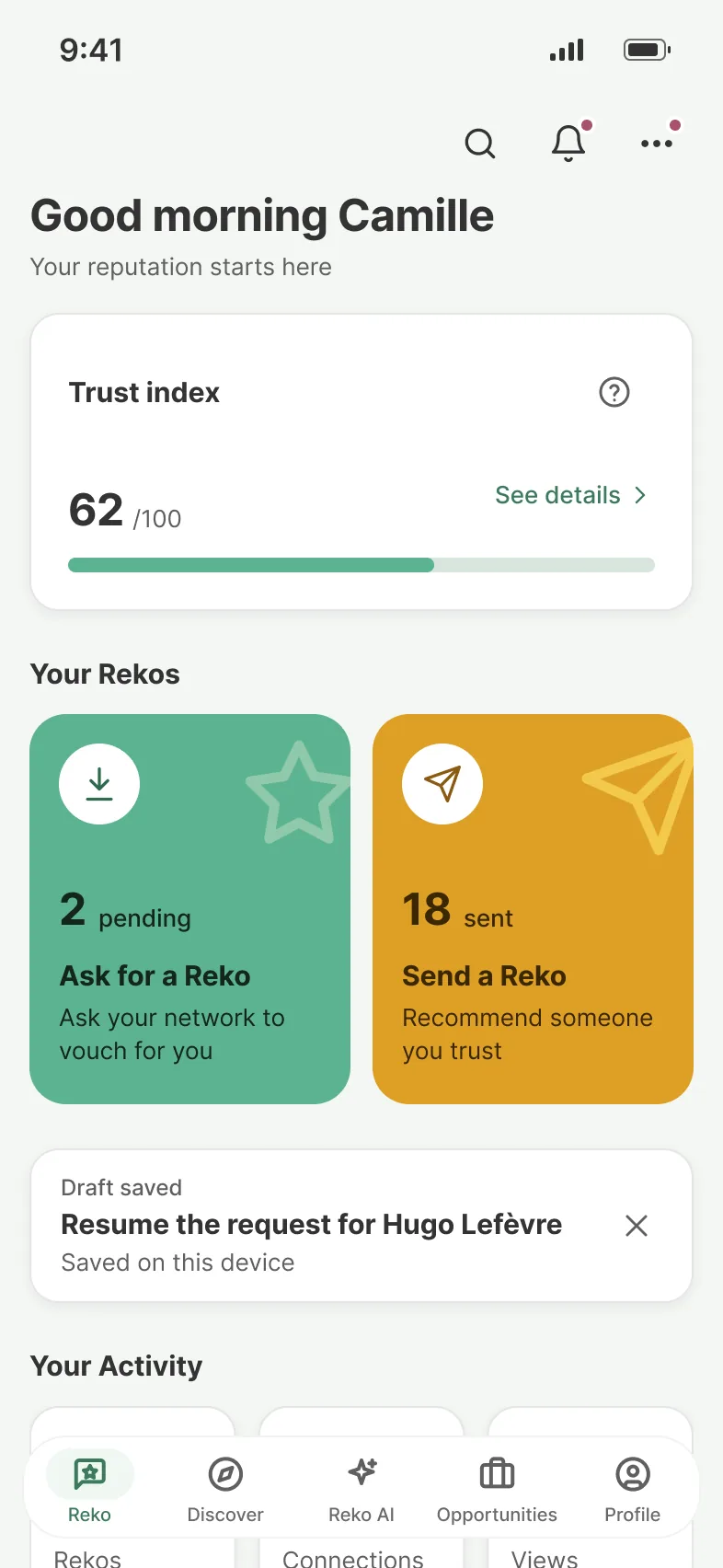 Rekolink app home: Trust Index and your Rekos